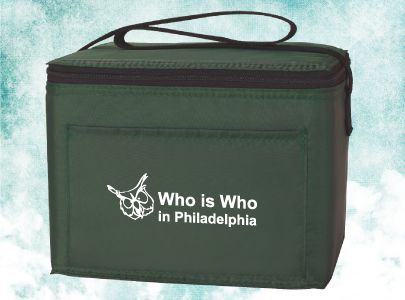 Dark Green, Insulated Cooler Bag with Black Strap and Front Pocket decorated with Who is Who in Philadelphia for Philadelphia, PA